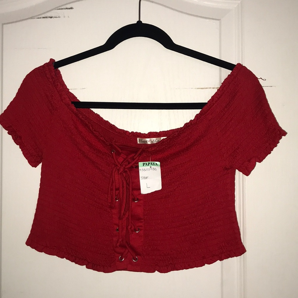 Vivid red scrunch off-shoulder top
